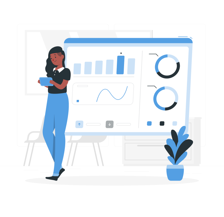 Illustration of a person reviewing business analytics