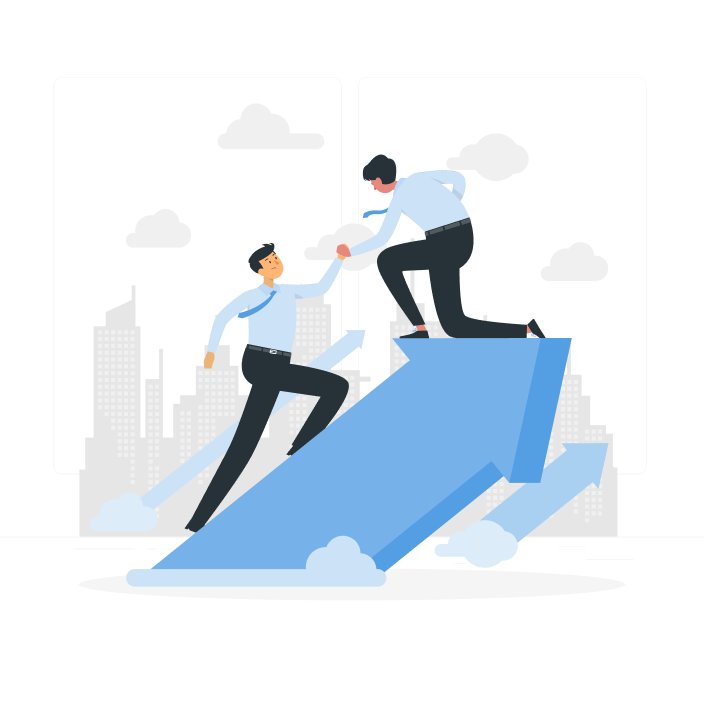 Illustration of two people helping each other up a rising arrow